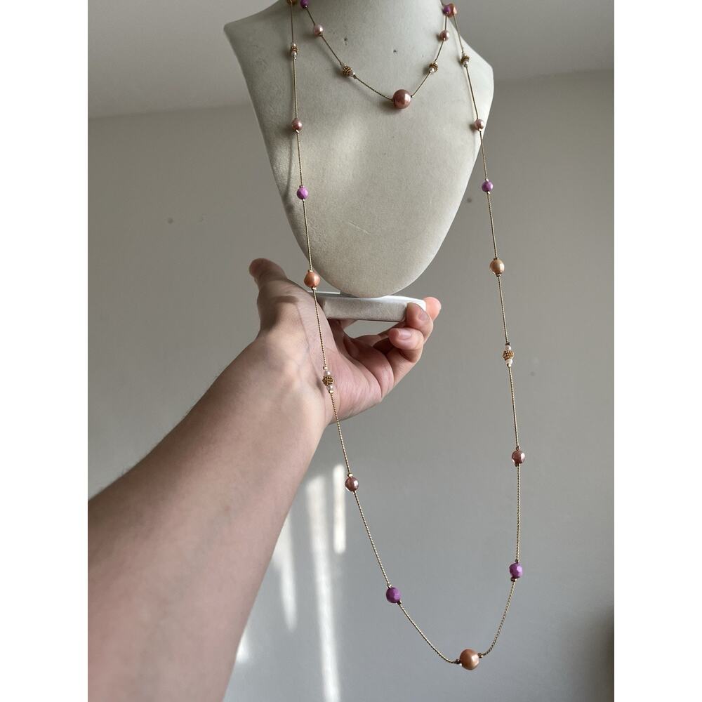 Purple Pink Faux Pearl Station Double Strand Gold Tone Long Necklace